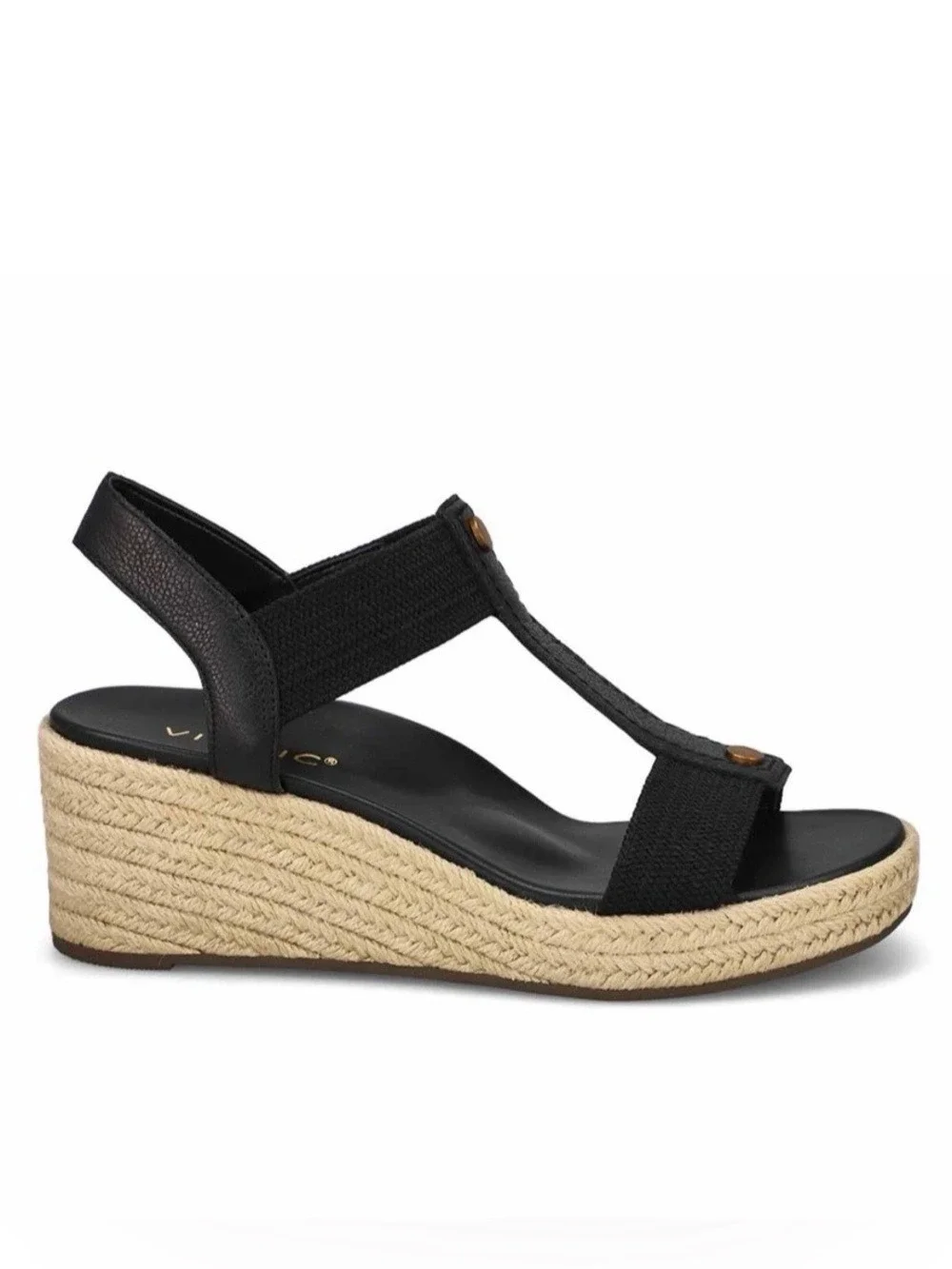 NWOB $135 Vionic Calera Black Leather Espadrille Wedge Sandals 9.5